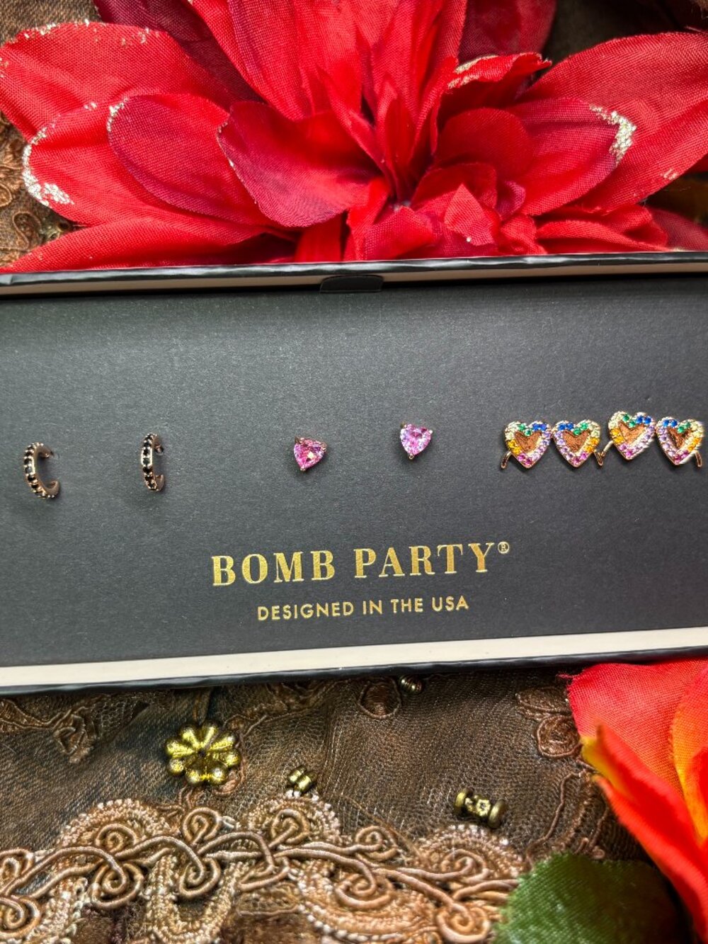 Bomb Party “Rose Colored Glasses” 3 Pair Shiny Studs  RBP6598 MSRP $90